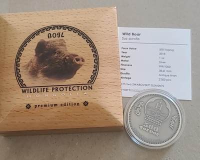 【币将精彩】世界钱币拍卖拍卖（2026-4-28） 蒙古2018年野猪仿古水晶镶嵌1盎司银币带证书包装