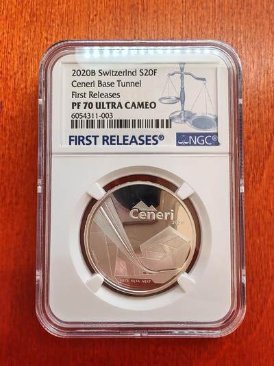 长老汇马年精选第三场拍卖 - 2020瑞士塞纳里基地隧道20法郎精制银币，NGC PF70UC