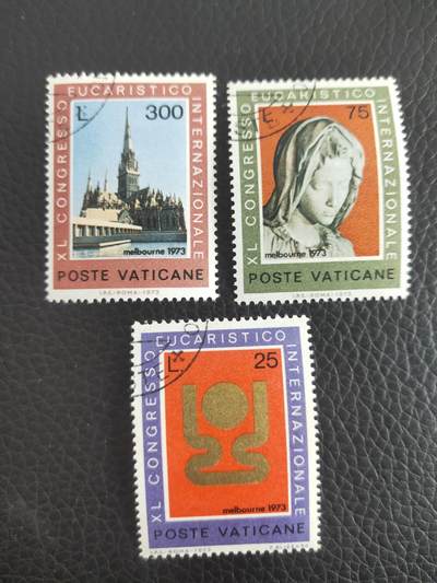 73外国邮票 梵蒂冈1973年 圣餐大会雕塑教堂建筑 3全 销票 - 73外国邮票 梵蒂冈1973年 圣餐大会雕塑教堂建筑 3全 销票