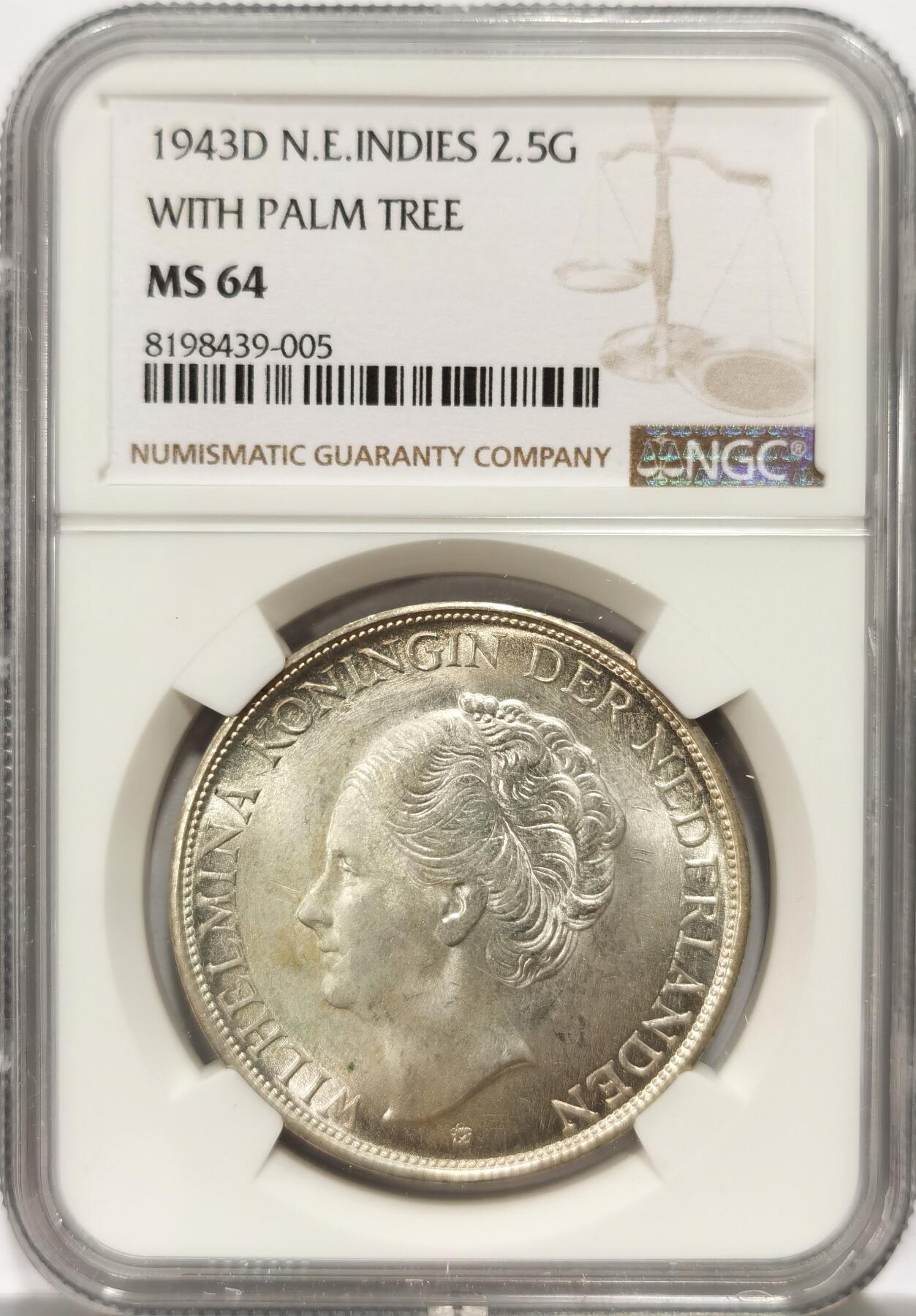博洋堂世界钱币拍卖第107期（全场包邮） NGC MS64 荷属东印度1943年威廉明娜女王2.5盾银币，单年版，光度很好，64自藏品质。