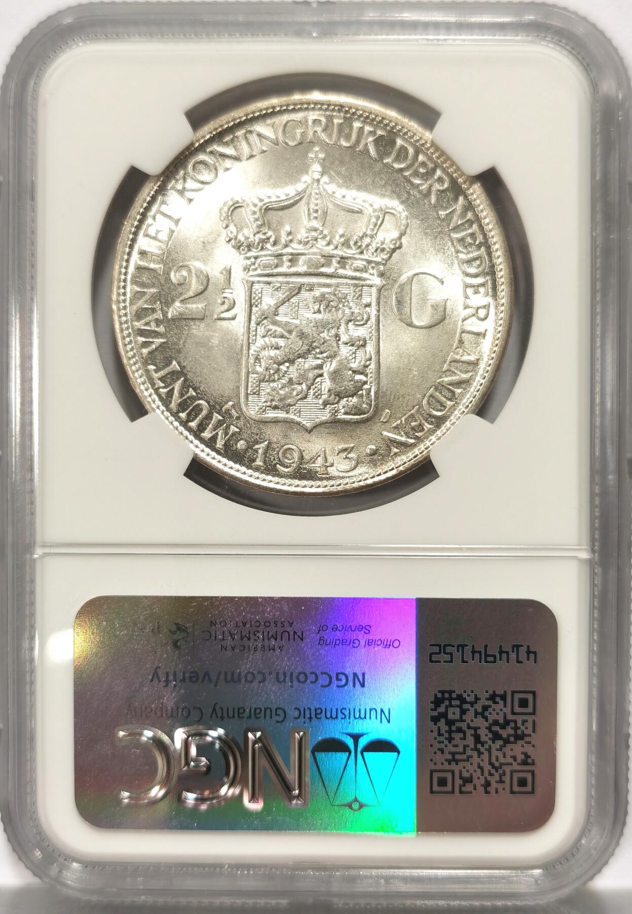 博洋堂世界钱币拍卖第107期（全场包邮） NGC MS64 荷属东印度1943年威廉明娜女王2.5盾银币，单年版，光度很好，64自藏品质。