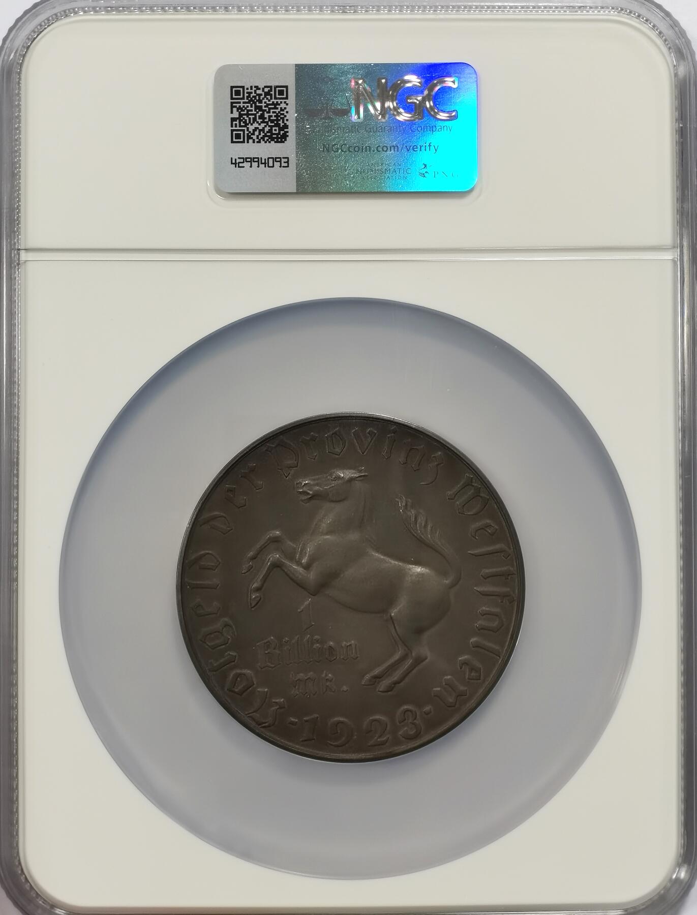 博洋堂世界钱币拍卖第107期（全场包邮） NGC MS62 德国1923年紧急状态时期1万亿马克，威斯特伐利亚地区，人类历史上最大面值的硬币，双面老包浆状态非常棒
