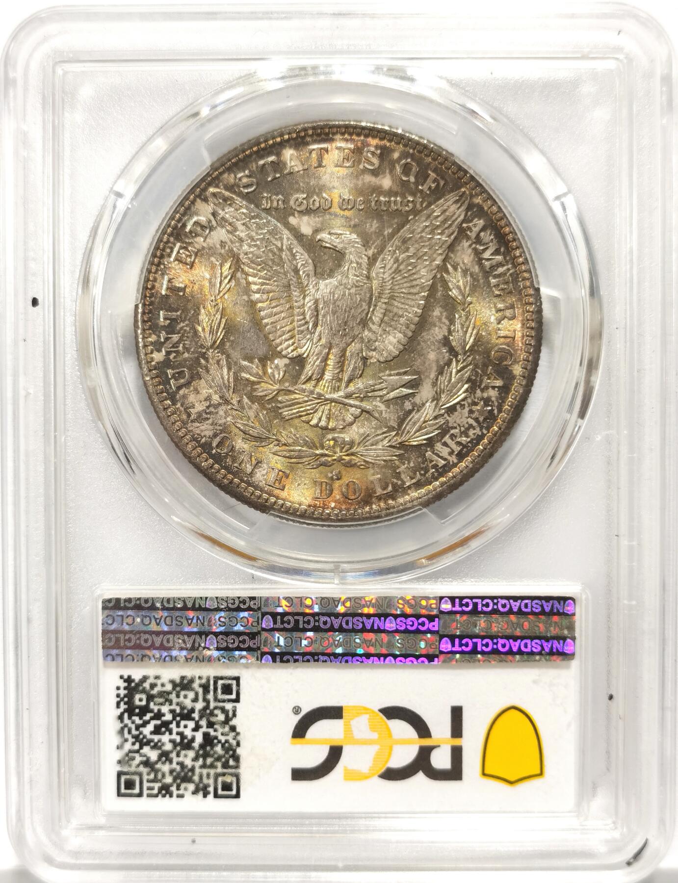 博洋堂世界钱币拍卖第107期（全场包邮） 美国1882年摩根银币S版PCGS-MS65，原汁原味双面五彩老包浆，包浆醇厚浓郁，打制精美，状态一流。币面五彩斑斓，炫耀夺目。