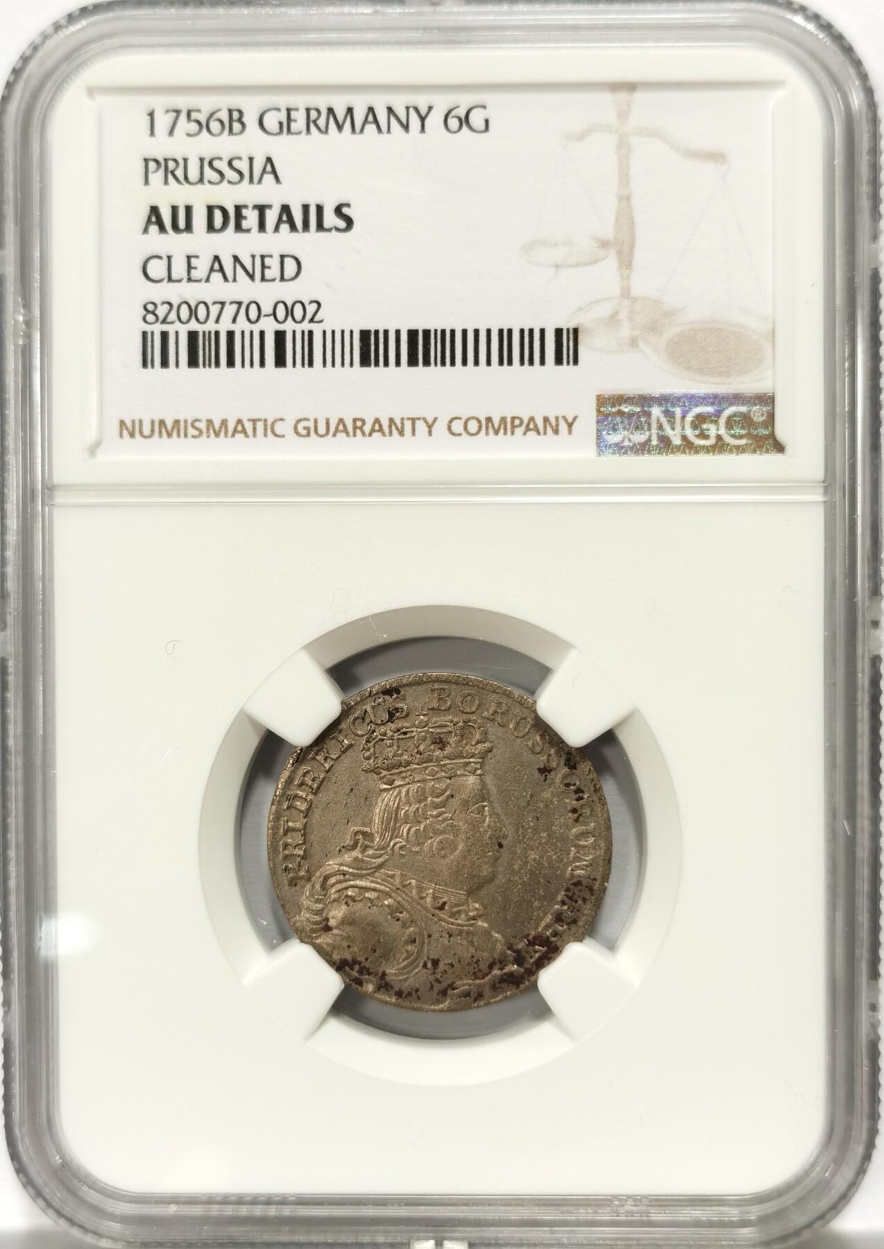 博洋堂世界钱币拍卖第107期（全场包邮） NGC AU 德国普鲁士1756年腓特烈大帝6格罗申银币