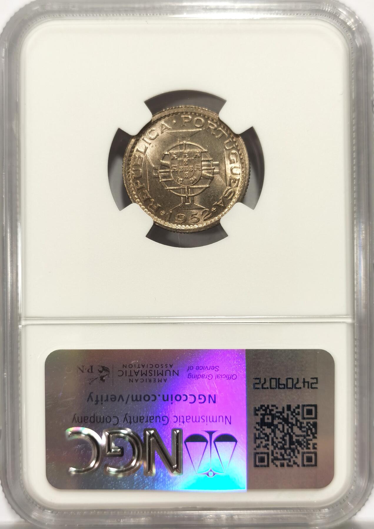 博洋堂世界钱币拍卖第107期（全场包邮） NGC MS66 葡属澳门1952年首版伍毫，麦稀奇所见最高分