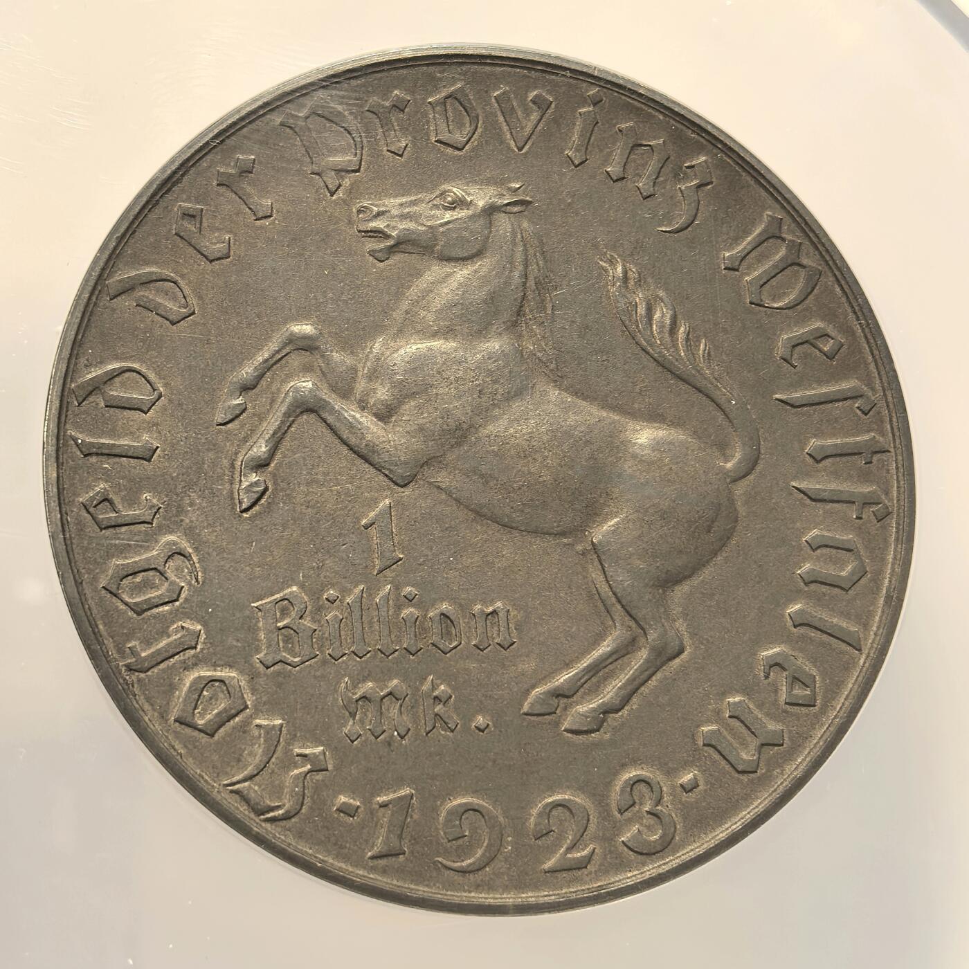 博洋堂世界钱币拍卖第107期（全场包邮） NGC MS62 德国1923年紧急状态时期1万亿马克，威斯特伐利亚地区，人类历史上最大面值的硬币，双面老包浆状态非常棒