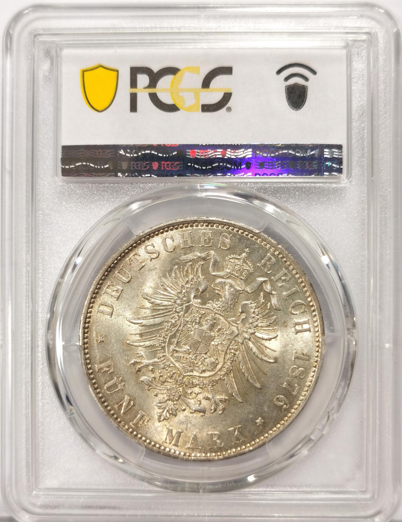 博洋堂世界钱币拍卖第107期（全场包邮） PCGS MS62 德国巴伐利亚1876年路德维希二世短翅鹰5马克银币，黄油光泽，状态很好。