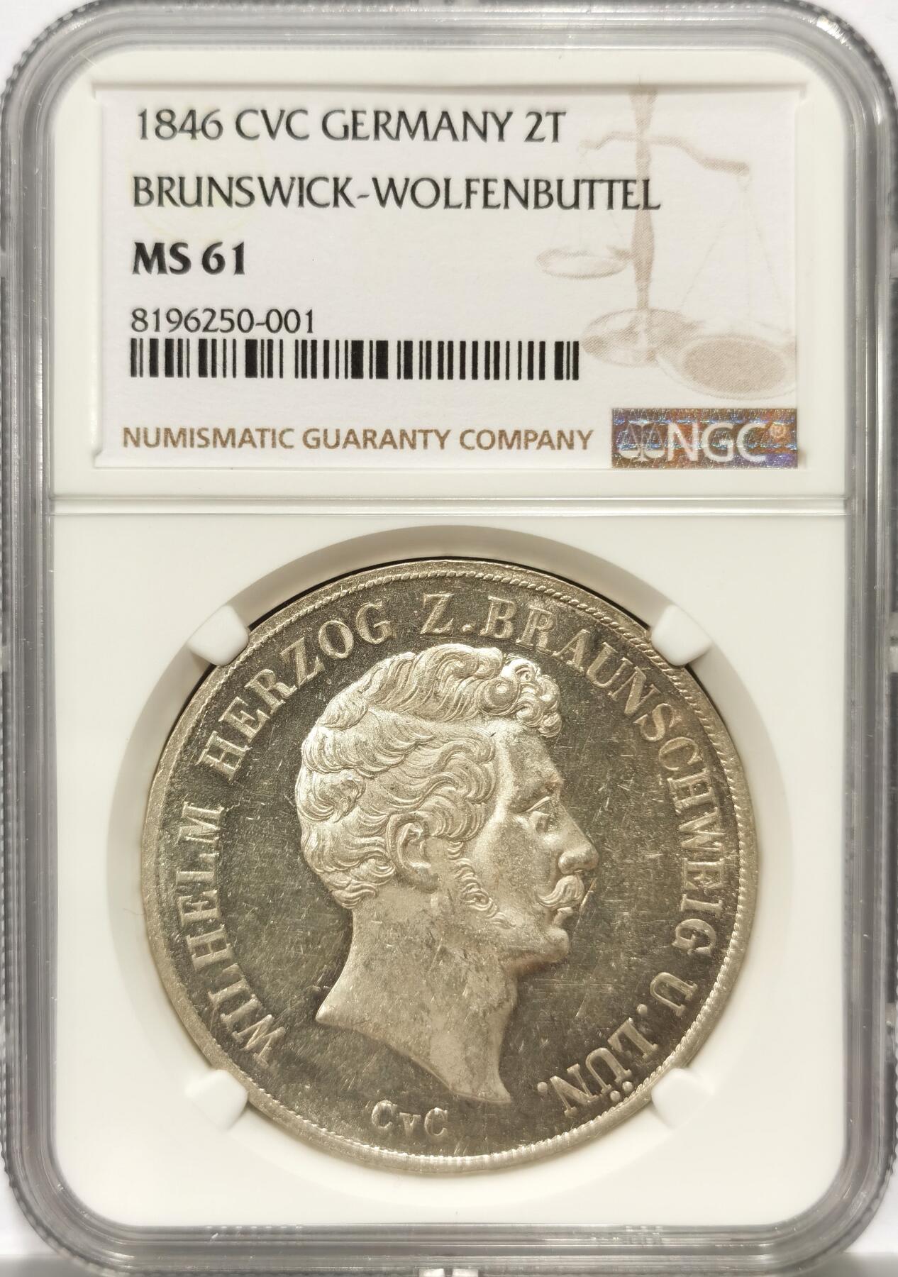 博洋堂世界钱币拍卖第107期（全场包邮） NGC MS61 德国布伦瑞克-沃尔芬比特尔1846年公爵威廉·弗里德里希大纹章流通2泰勒，唯一冠军分！