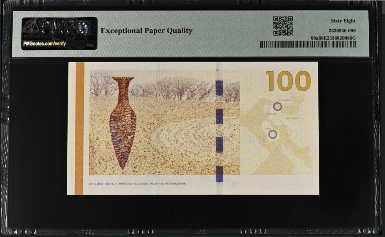 《张总收藏》183期-外币精品汇 丹麦2009年初版A0冠100克朗PMG68E高分超小36号 Pick#66a 丹麦经典桥版