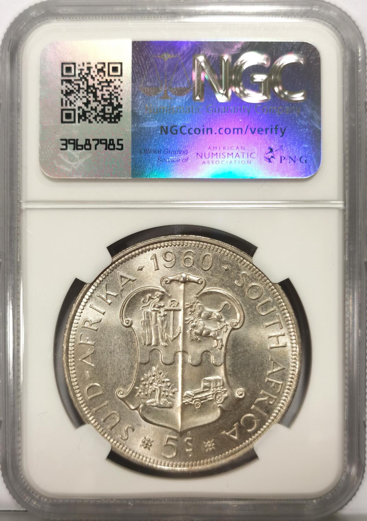博洋堂世界钱币拍卖第107期（全场包邮） NGC MS63 南非1960年联盟成立50周年5先令大银币