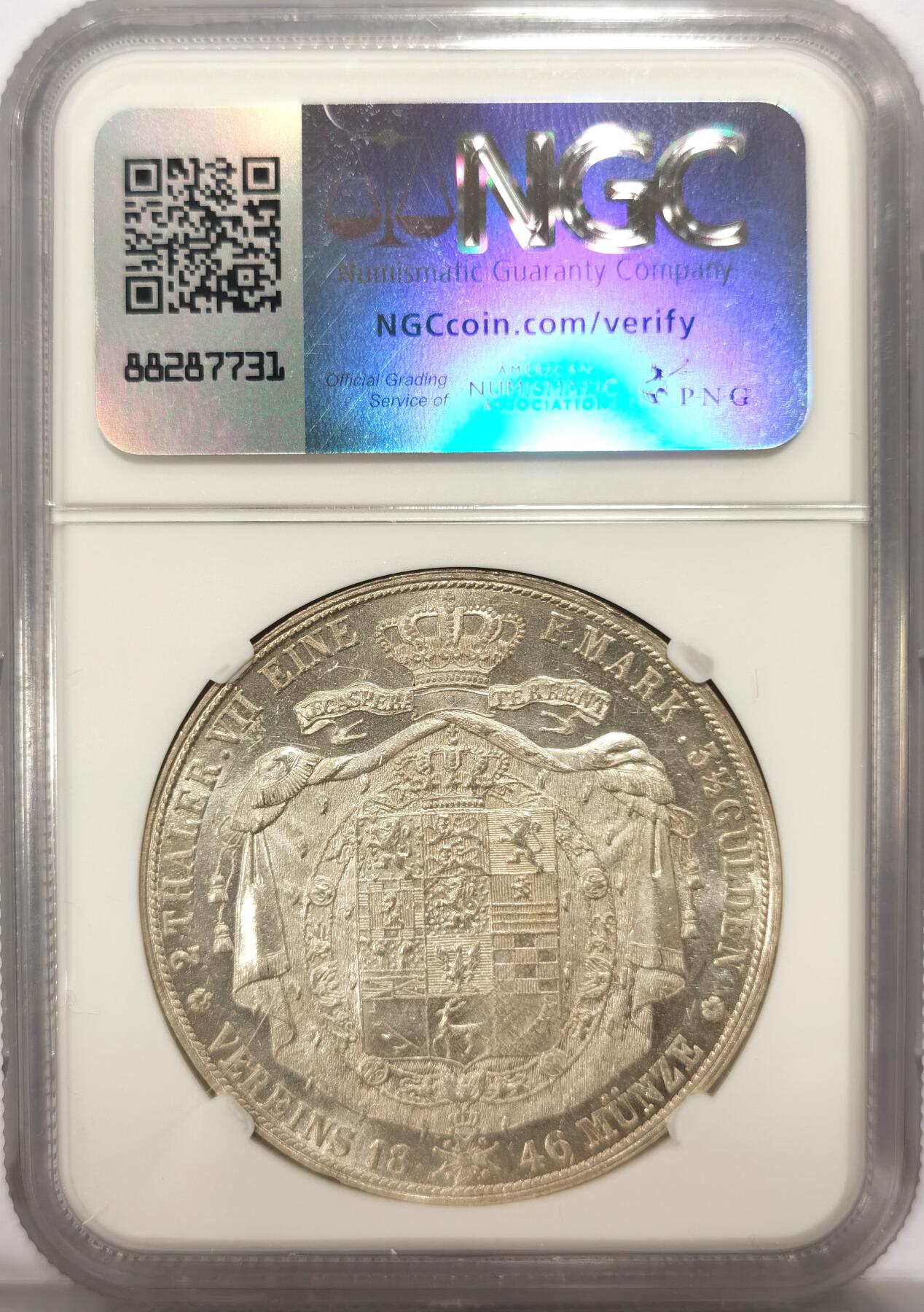 博洋堂世界钱币拍卖第107期（全场包邮） NGC MS61 德国布伦瑞克-沃尔芬比特尔1846年公爵威廉·弗里德里希大纹章流通2泰勒，唯一冠军分！