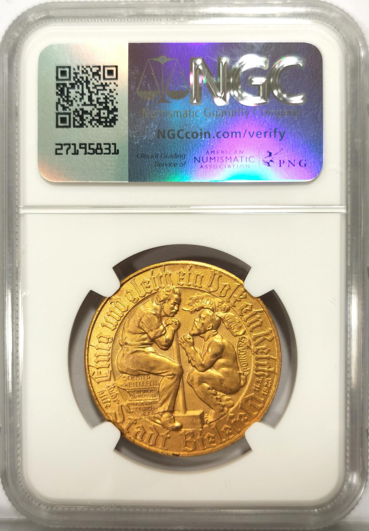 博洋堂世界钱币拍卖第107期（全场包邮） NGC MS65 德国德紧比勒菲尔德1923年1金马克镀金铜币，名誉品种