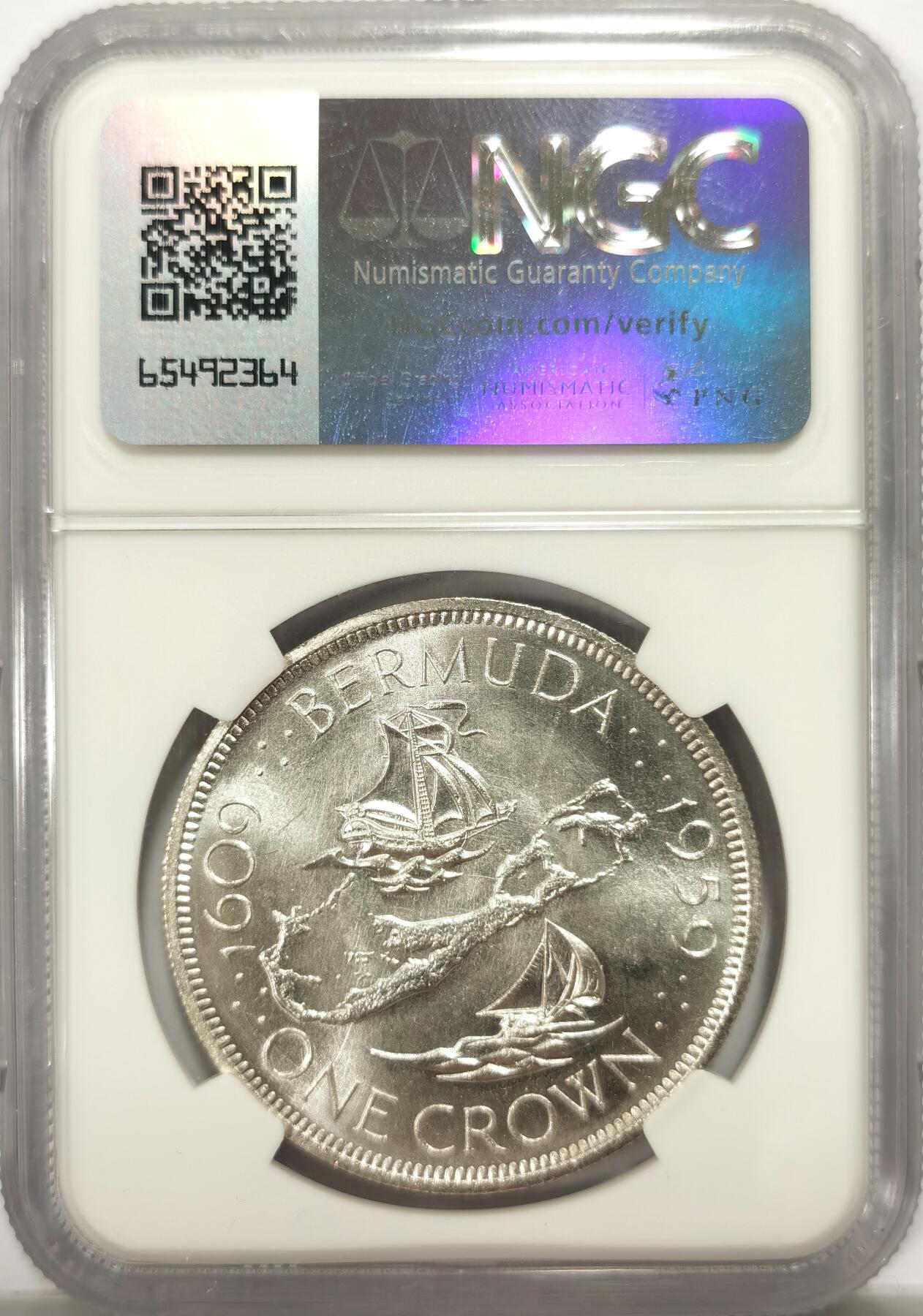 博洋堂世界钱币拍卖第107期（全场包邮） NGC MS67 英属百慕大1959年伊丽莎白二世1克朗银币，发现百慕大350周年纪念，极品高分