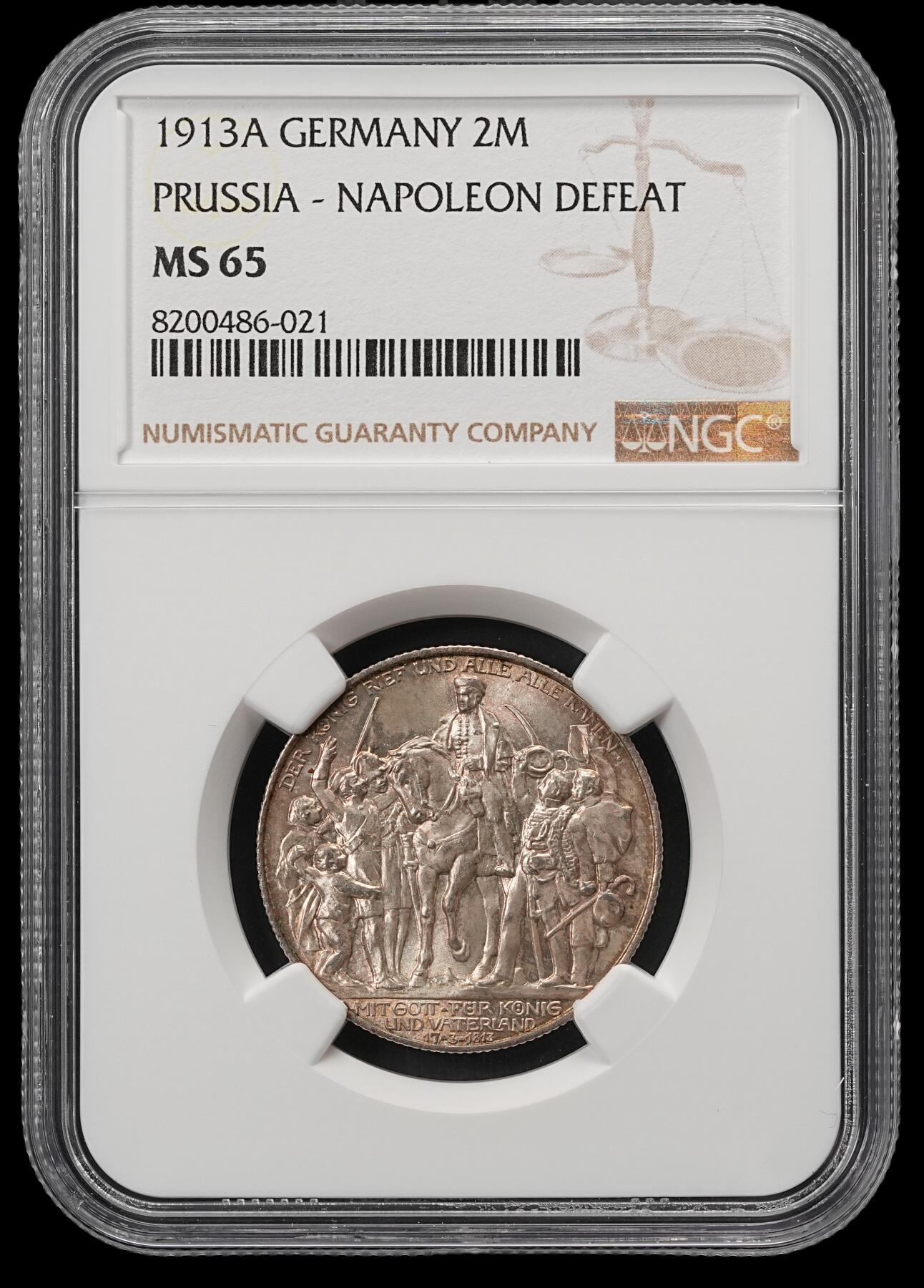 修遠堂世界钱币第五十四期 全场包邮 NGC MS65 1913年普鲁士战胜拿破仑百年纪念2马克银币