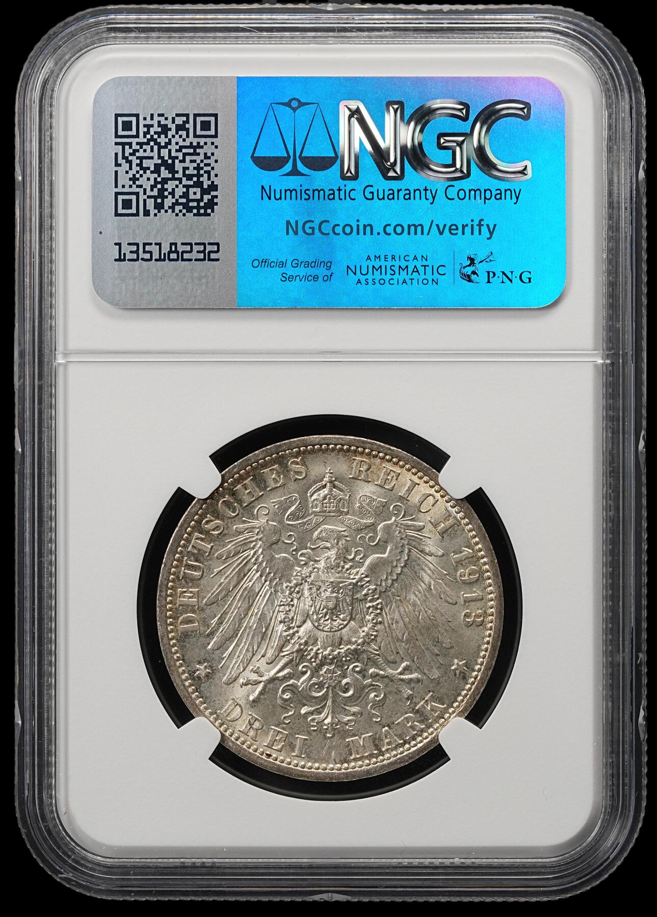 修遠堂世界钱币第五十四期 全场包邮 NGC MS64 1913年普鲁士威廉二世执政25周年纪念3马克银币