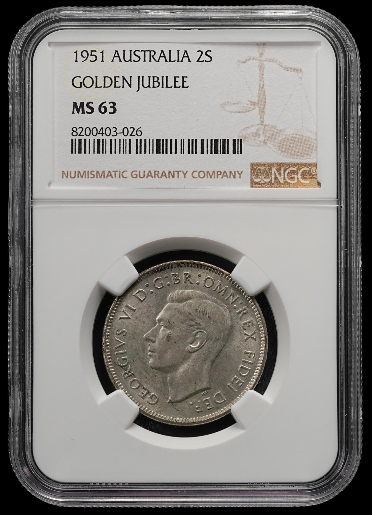 修遠堂世界钱币第五十四期 全场包邮 NGC MS63 1951年澳大利亚联邦50周年纪念1弗罗林银币