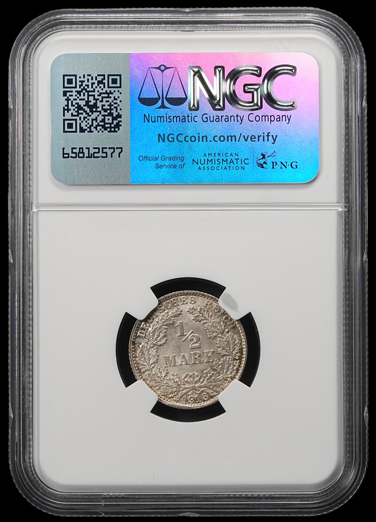修遠堂世界钱币第五十四期 全场包邮 NGC MS66 1918年德国1/2马克银币 D厂铭