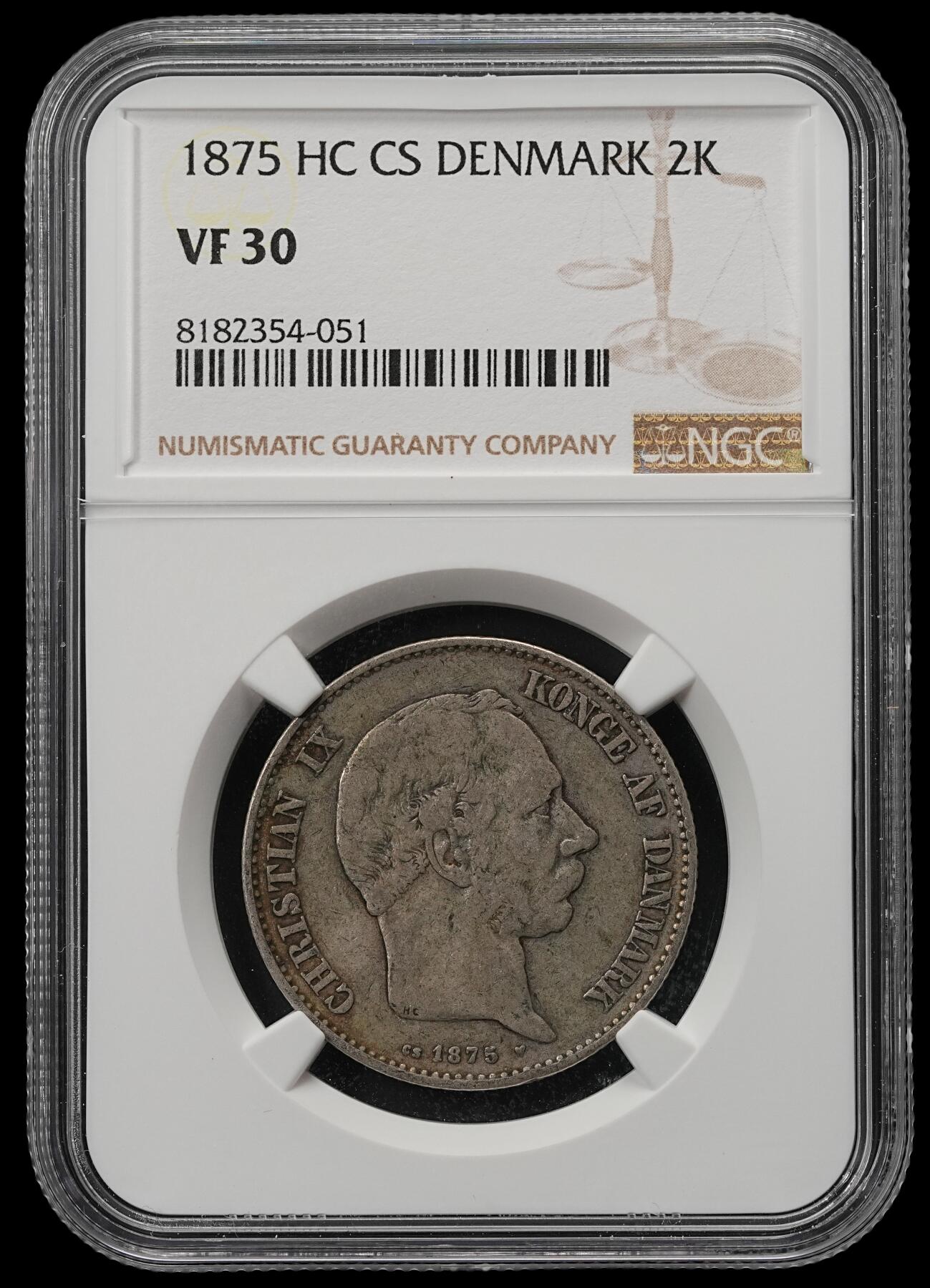 修遠堂世界钱币第五十四期 全场包邮 NGC VF30 1875年丹麦海豚2克朗银币 少见早期流通克朗 有分难得