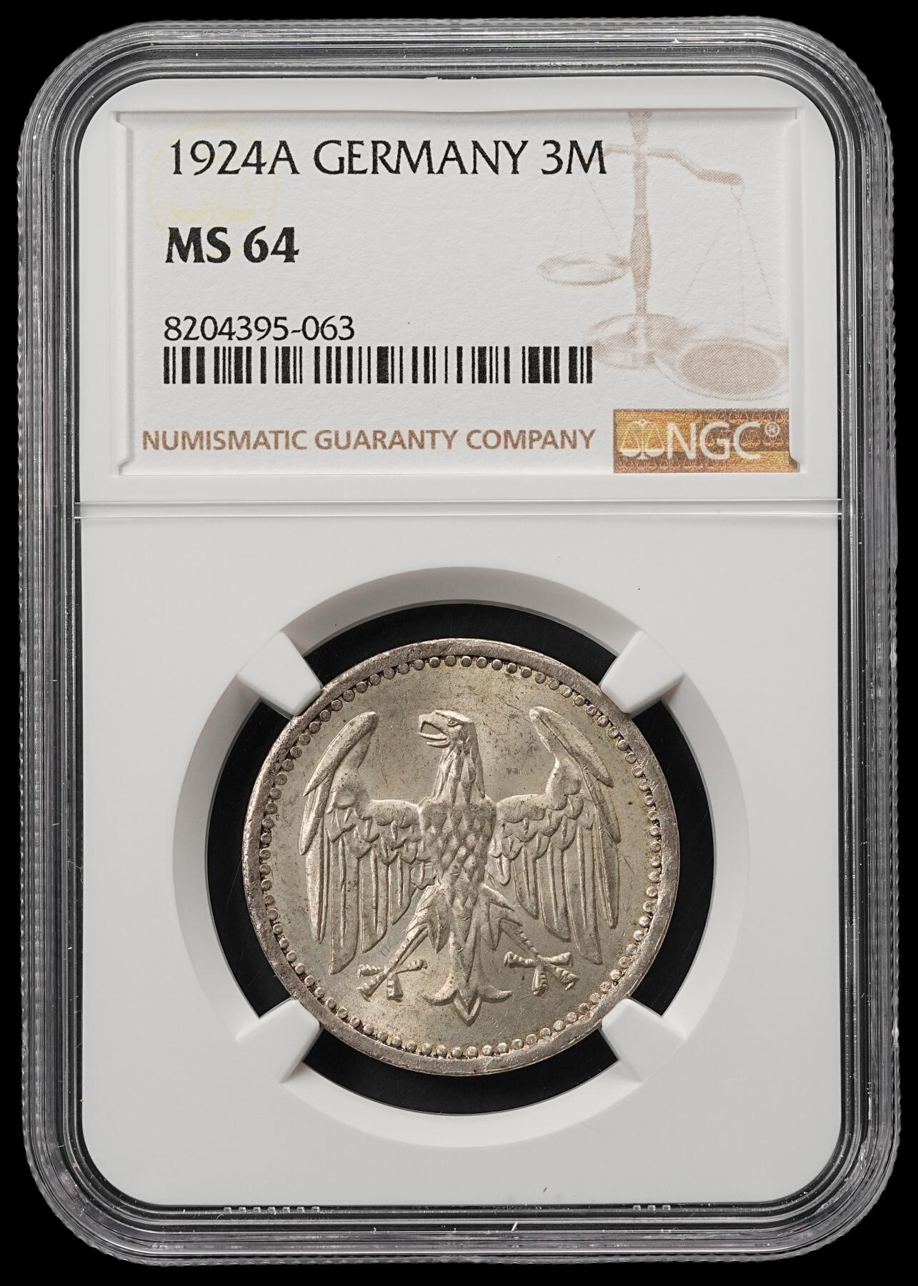 修遠堂世界钱币第五十四期 全场包邮 NGC MS64 1924年魏玛政府3马克银币 A厂铭