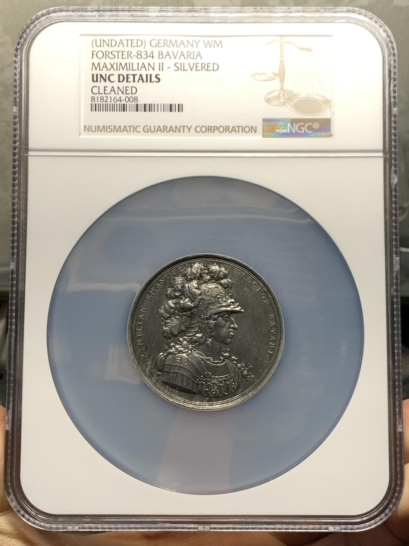 《竞宝斋》第348场 周日，周一，周二  3场连拍 （全场包邮） NGC UNCD 德国18世纪巴伐利亚选帝侯马克西米利安二世白色金属镀银纪念章，直径49毫米，重34克，参照手册FORSTER-834。