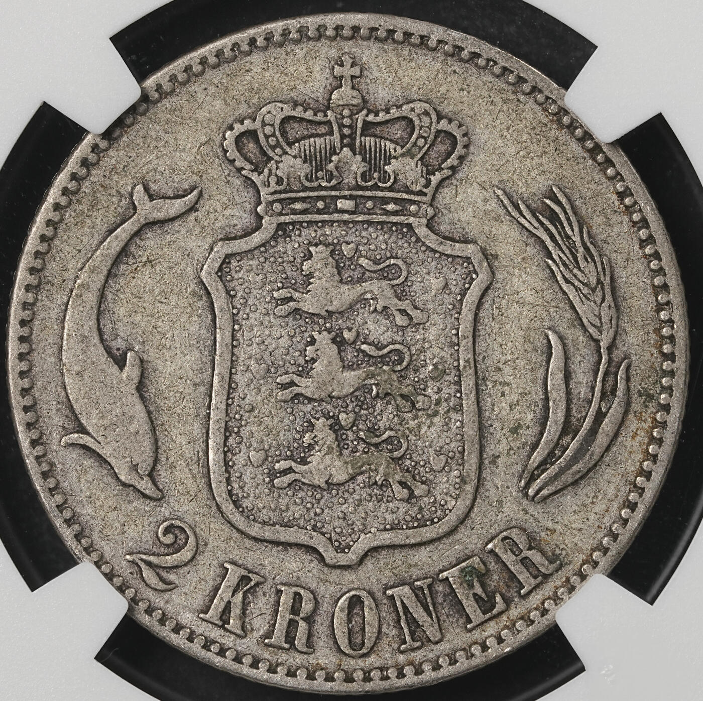修遠堂世界钱币第五十四期 全场包邮 NGC VF30 1875年丹麦海豚2克朗银币 少见早期流通克朗 有分难得