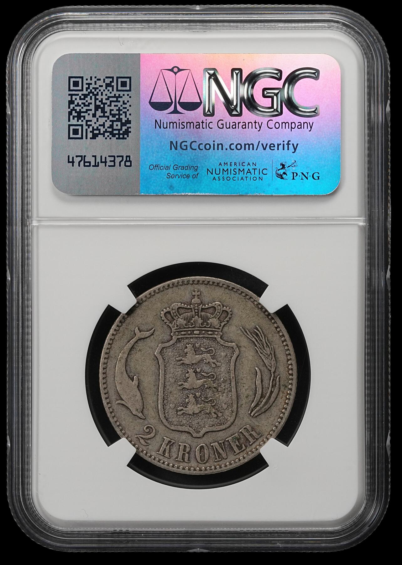 修遠堂世界钱币第五十四期 全场包邮 NGC VF30 1875年丹麦海豚2克朗银币 少见早期流通克朗 有分难得