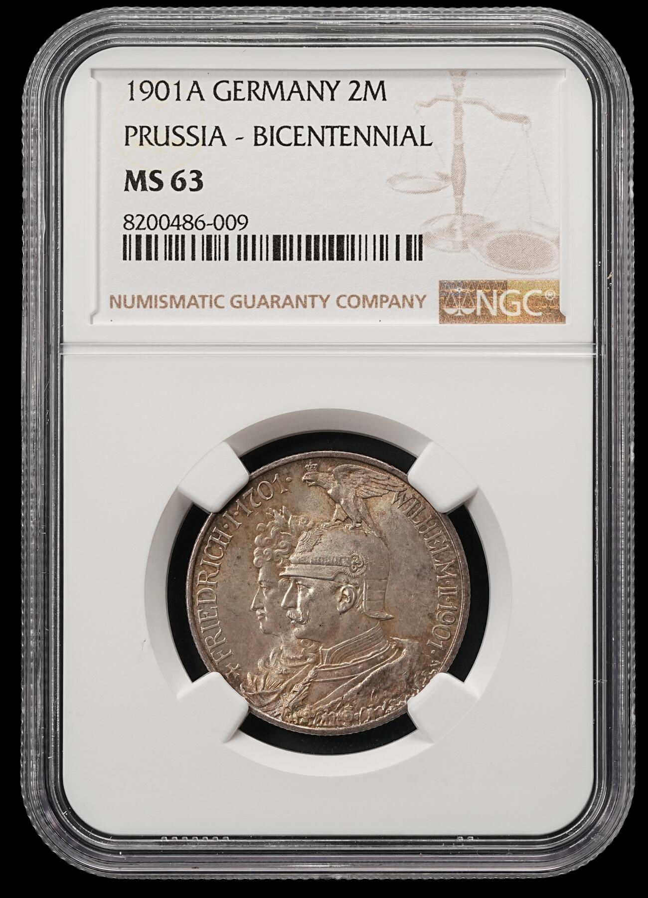 修遠堂世界钱币第五十四期 全场包邮 NGC MS63 1901年普鲁士建国200周年2马克银币