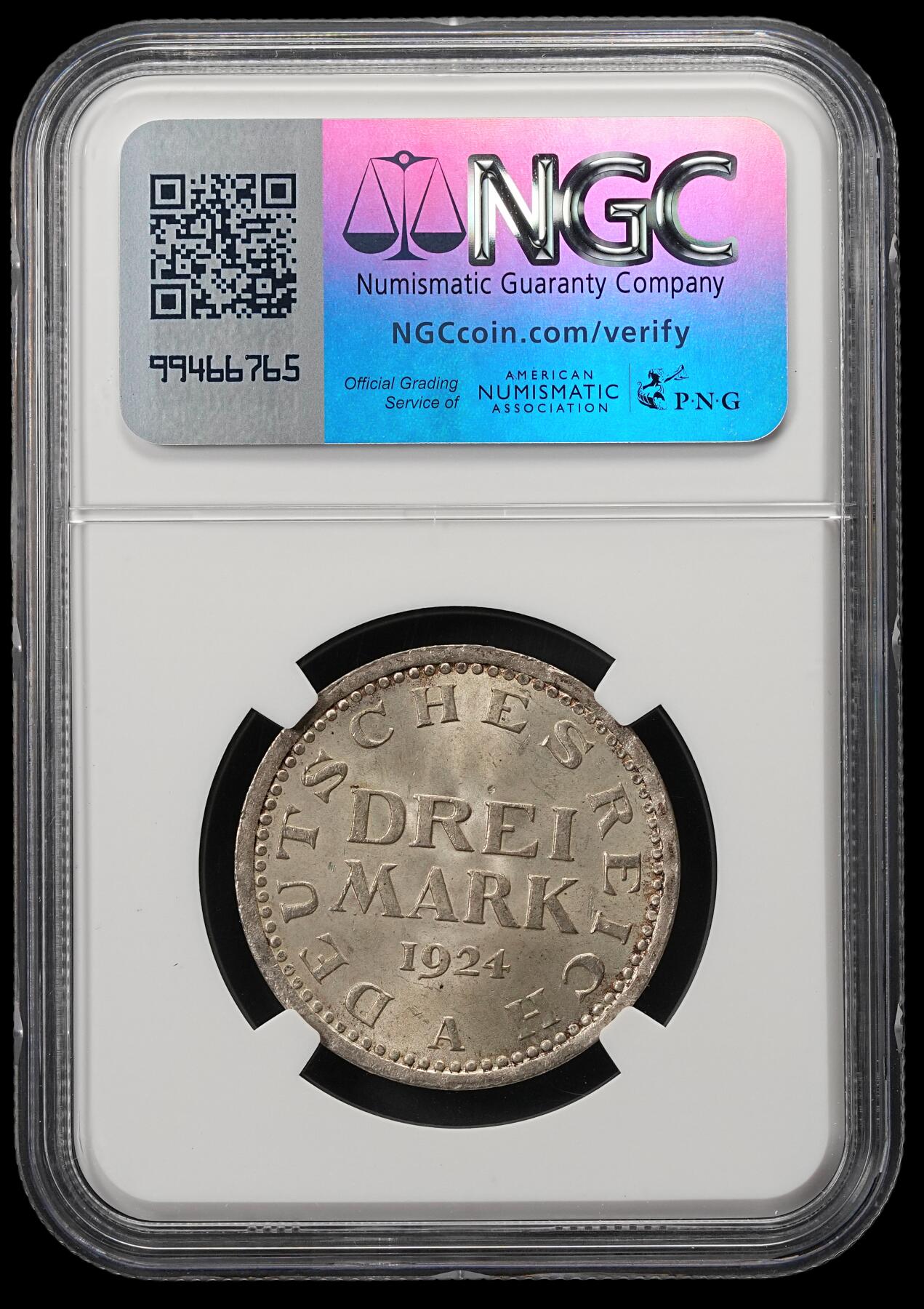 修遠堂世界钱币第五十四期 全场包邮 NGC MS64 1924年魏玛政府3马克银币 A厂铭