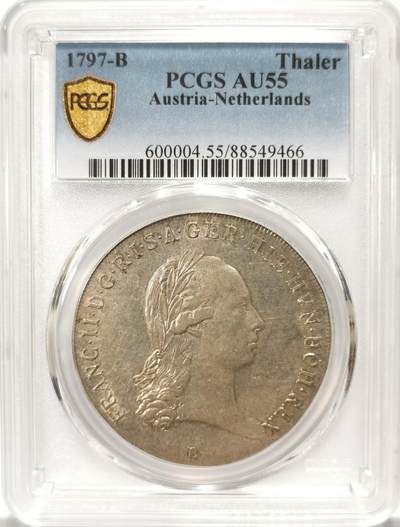 博洋堂世界钱币拍卖第107期（全场包邮） - PCGS AU55 奥属尼德兰1797年弗朗茨二世皇冠权杖泰勒银币，低评，少见有分的品种，PCGS评级榜第二名。