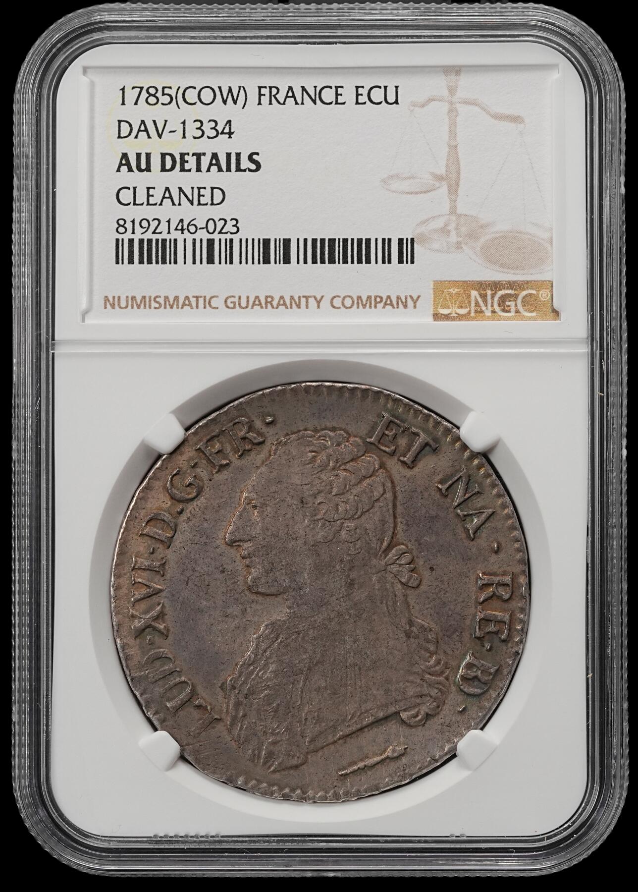 修遠堂世界钱币第五十四期 全场包邮 NGC AUD 1785年法国1埃居大银币 路易十六 厚重包浆没看出有什么洗