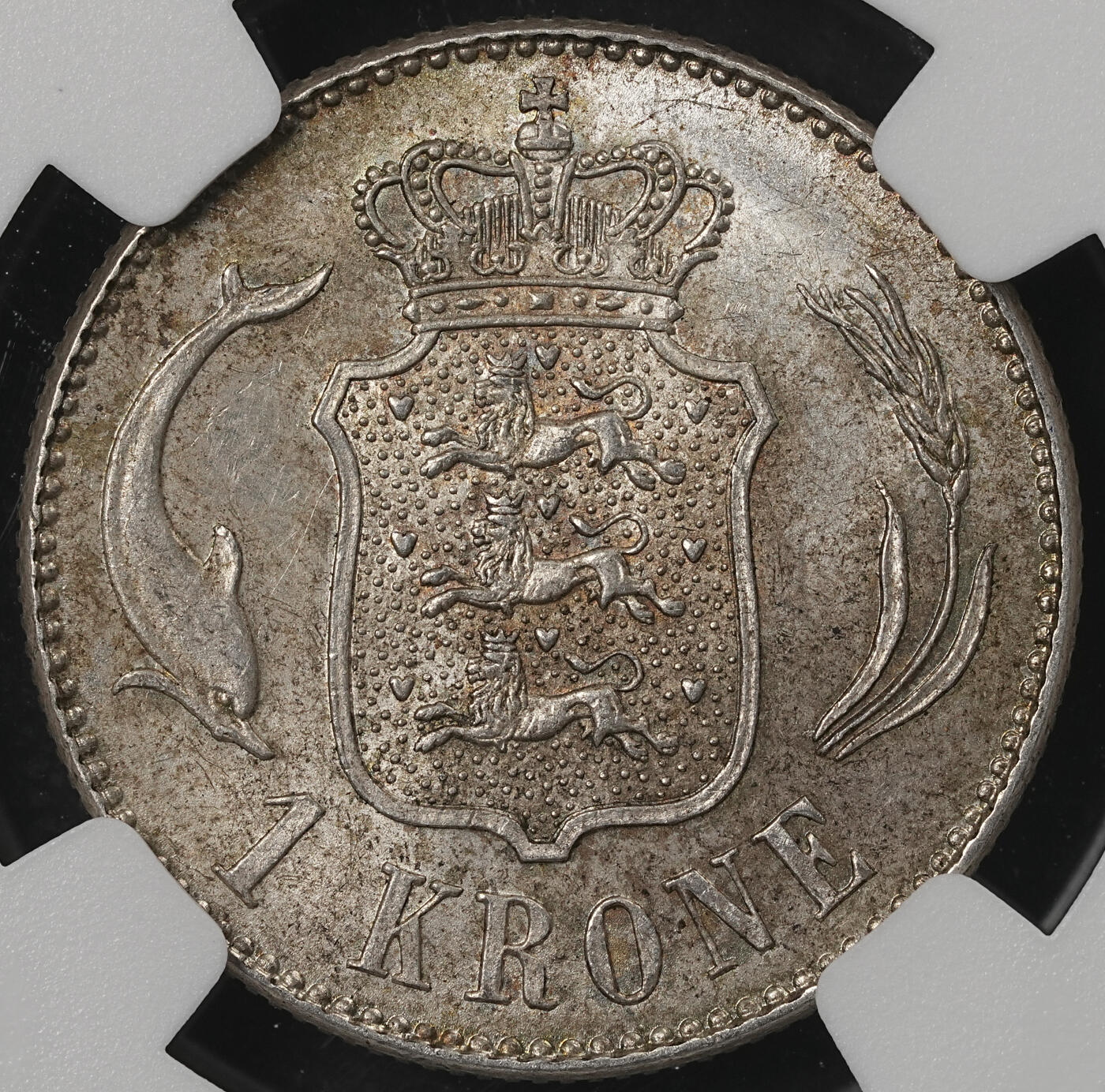 修遠堂世界钱币第五十四期 全场包邮 NGC MS63 1915年丹麦海豚1克朗银币