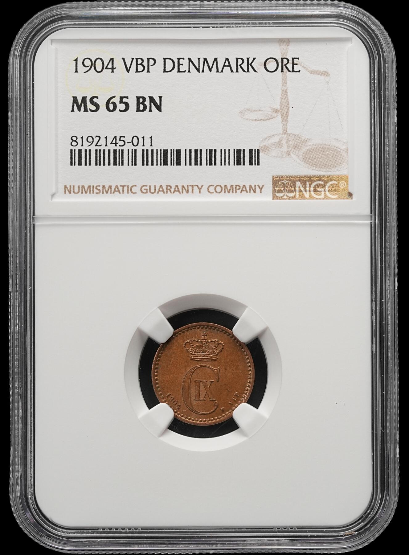 修遠堂世界钱币第五十四期 全场包邮 NGC MS65BN 1904年丹麦海豚1欧尔铜币 丝绸光