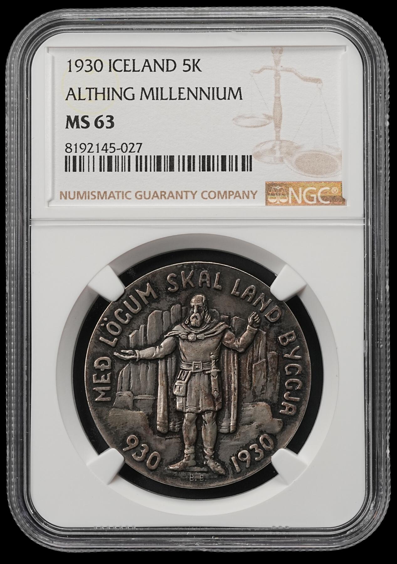 修遠堂世界钱币第五十四期 全场包邮 NGC MS63 1930年冰岛议会千年纪念5克朗大银币