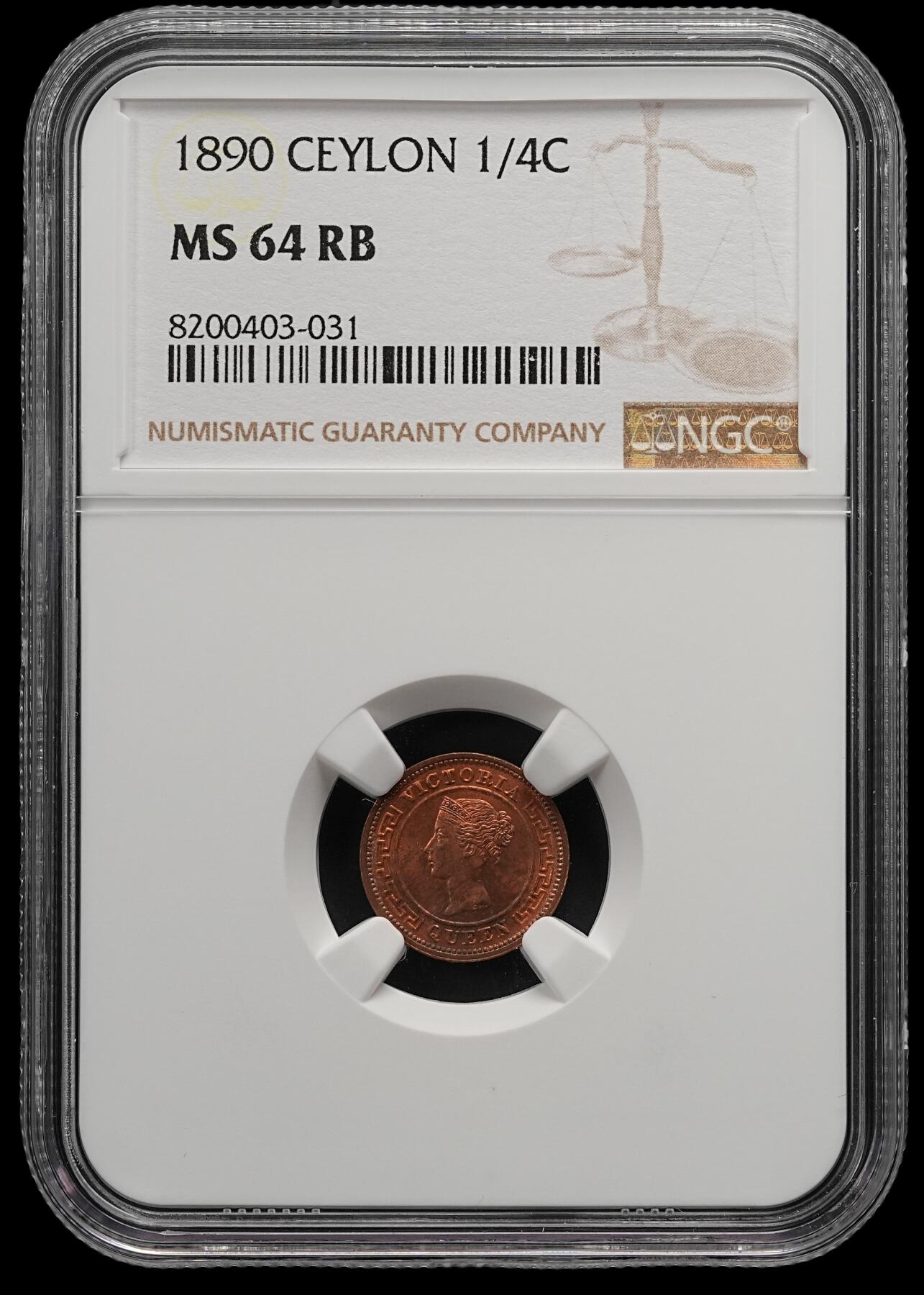 修遠堂世界钱币第五十四期 全场包邮 NGC MS64RB 1890年英属锡兰1/4分铜币