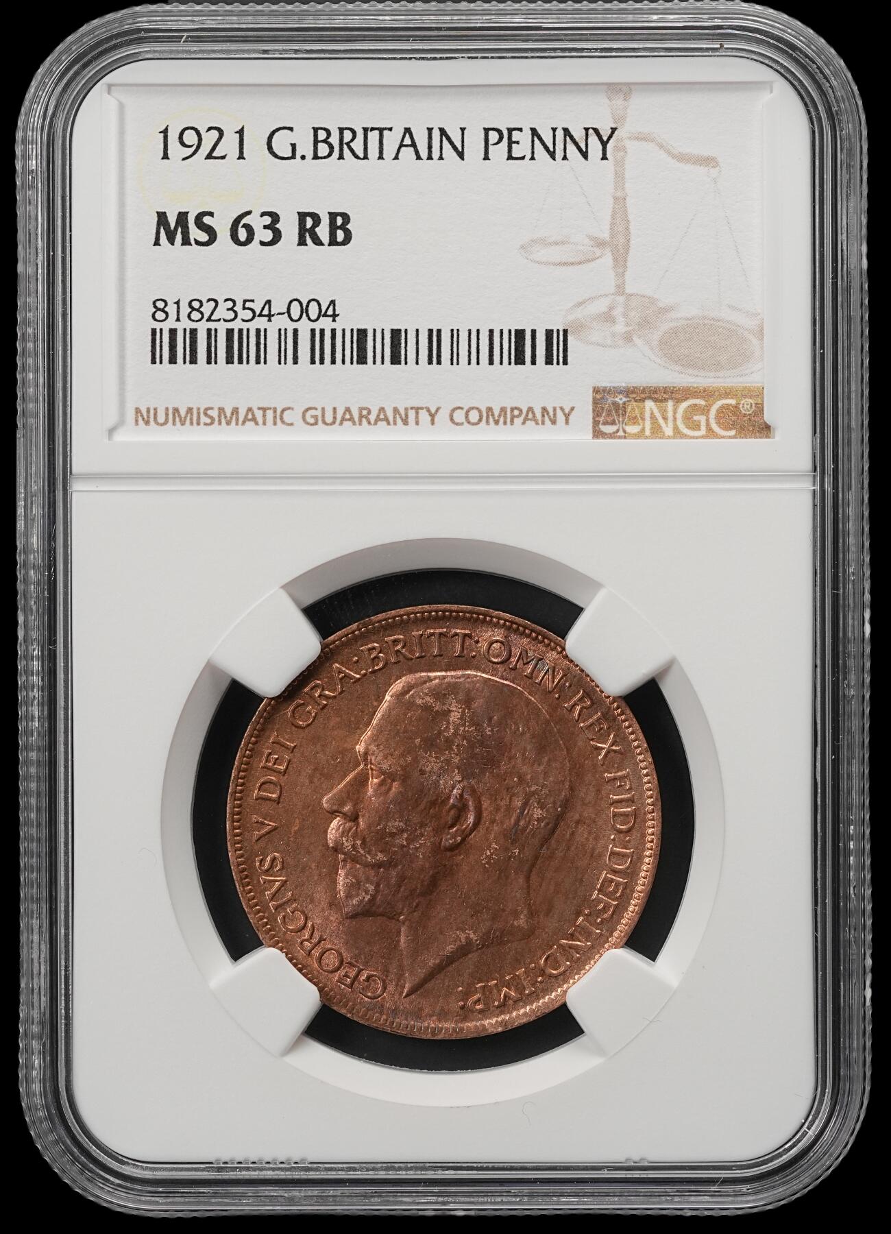 修遠堂世界钱币第五十四期 全场包邮 NGC MS63RB 1921年英国1便士铜币