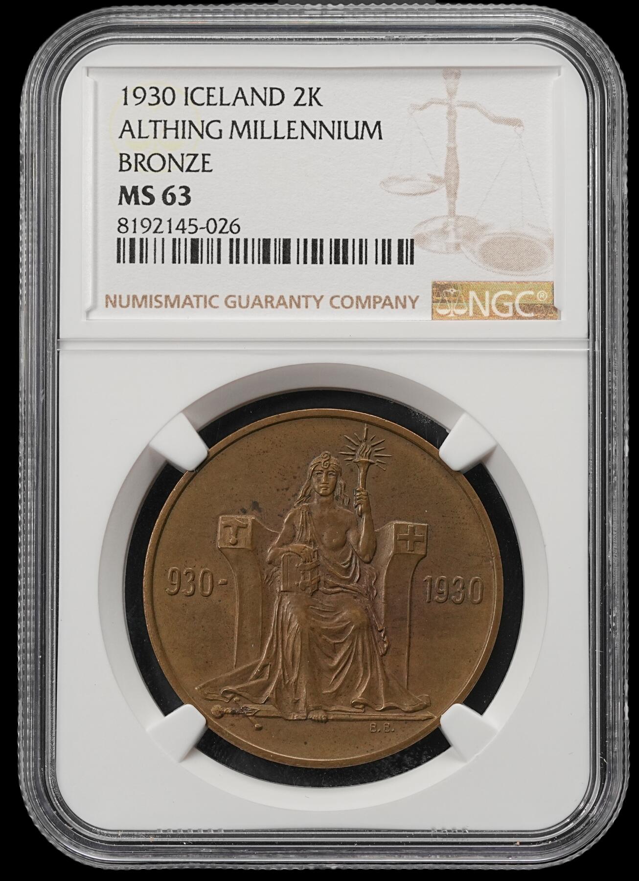 修遠堂世界钱币第五十四期 全场包邮 NGC MS63 1930年冰岛议会千年纪念2克朗铜币