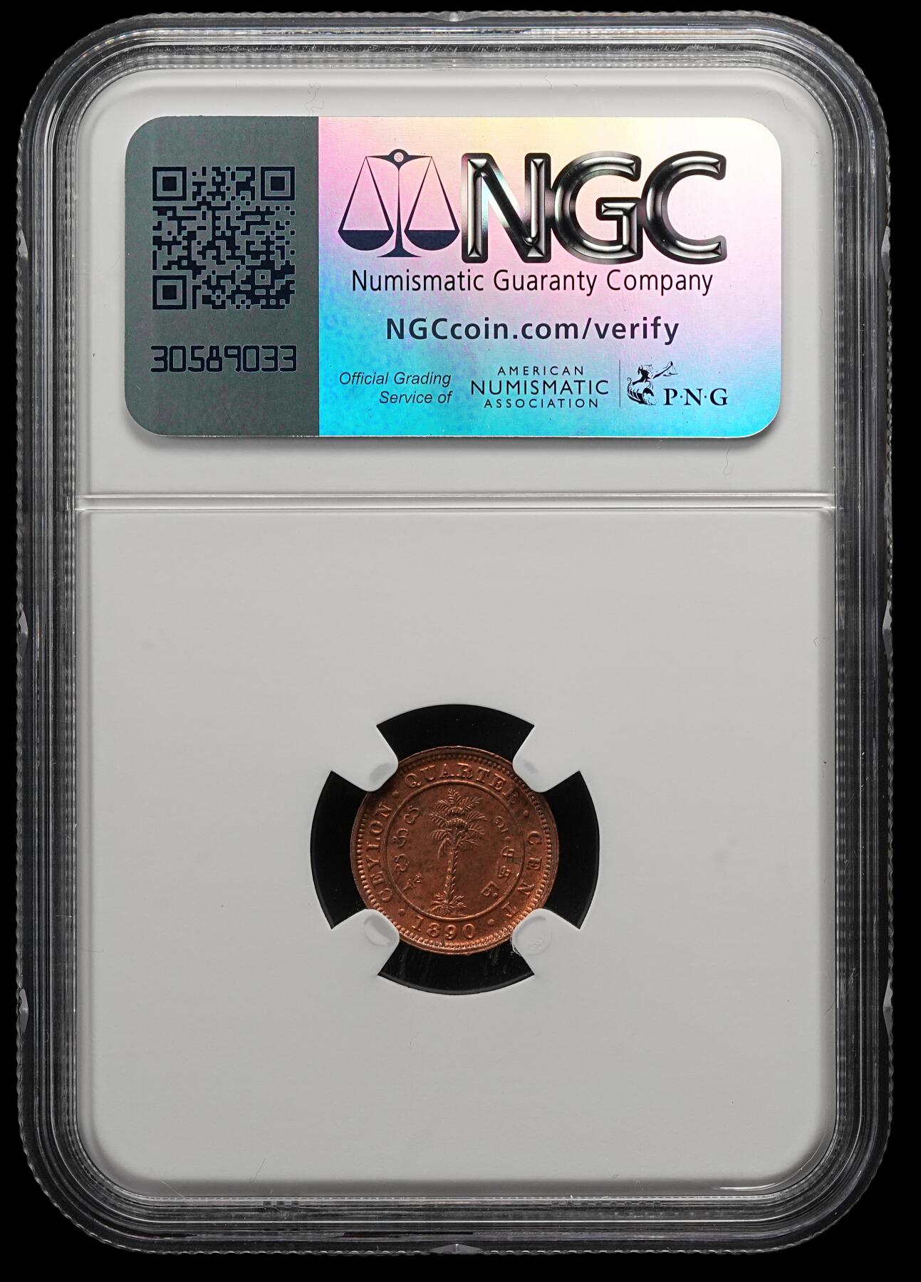 修遠堂世界钱币第五十四期 全场包邮 NGC MS64RB 1890年英属锡兰1/4分铜币