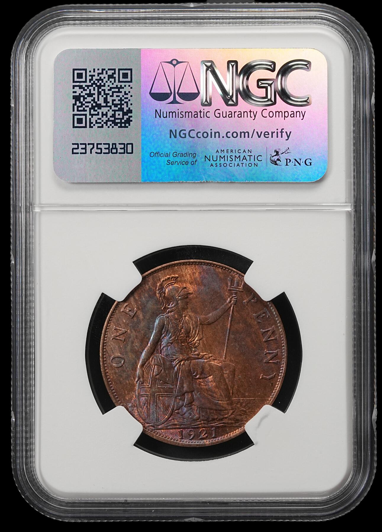 修遠堂世界钱币第五十四期 全场包邮 NGC MS63RB 1921年英国1便士铜币