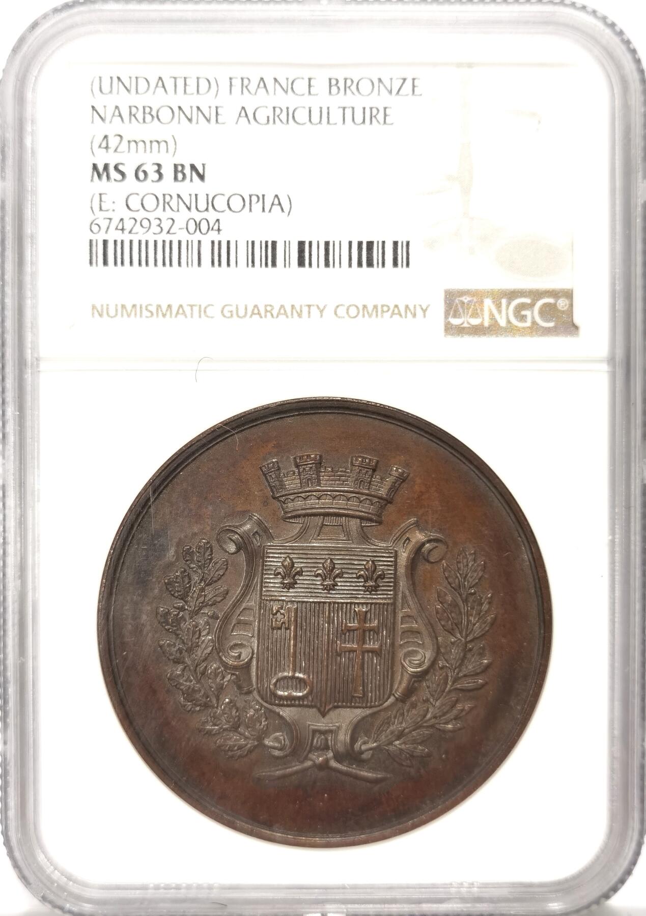 博洋堂世界钱币拍卖第107期（全场包邮） NGC MS63BN 法国纳博讷农业大铜章，42mm