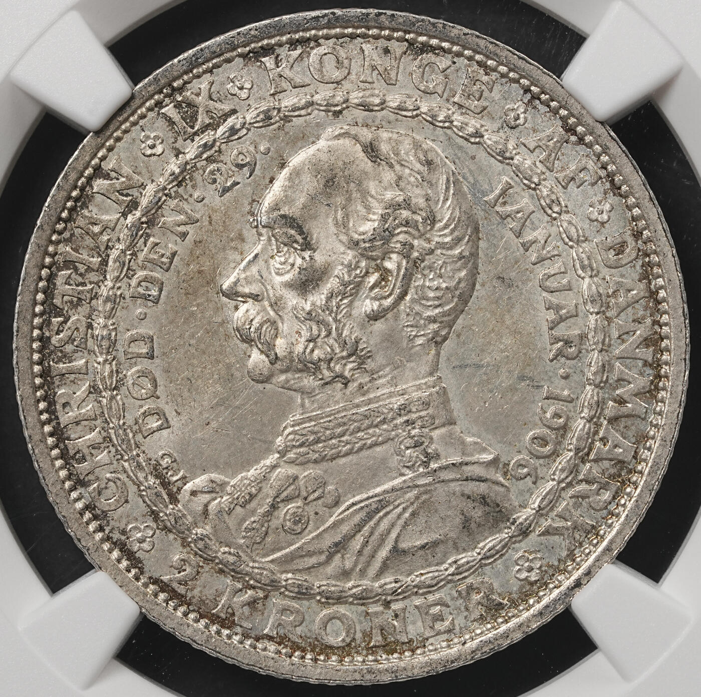 修遠堂世界钱币第五十四期 全场包邮 NGC MS62 1906年丹麦国王更迭纪念2克朗银币