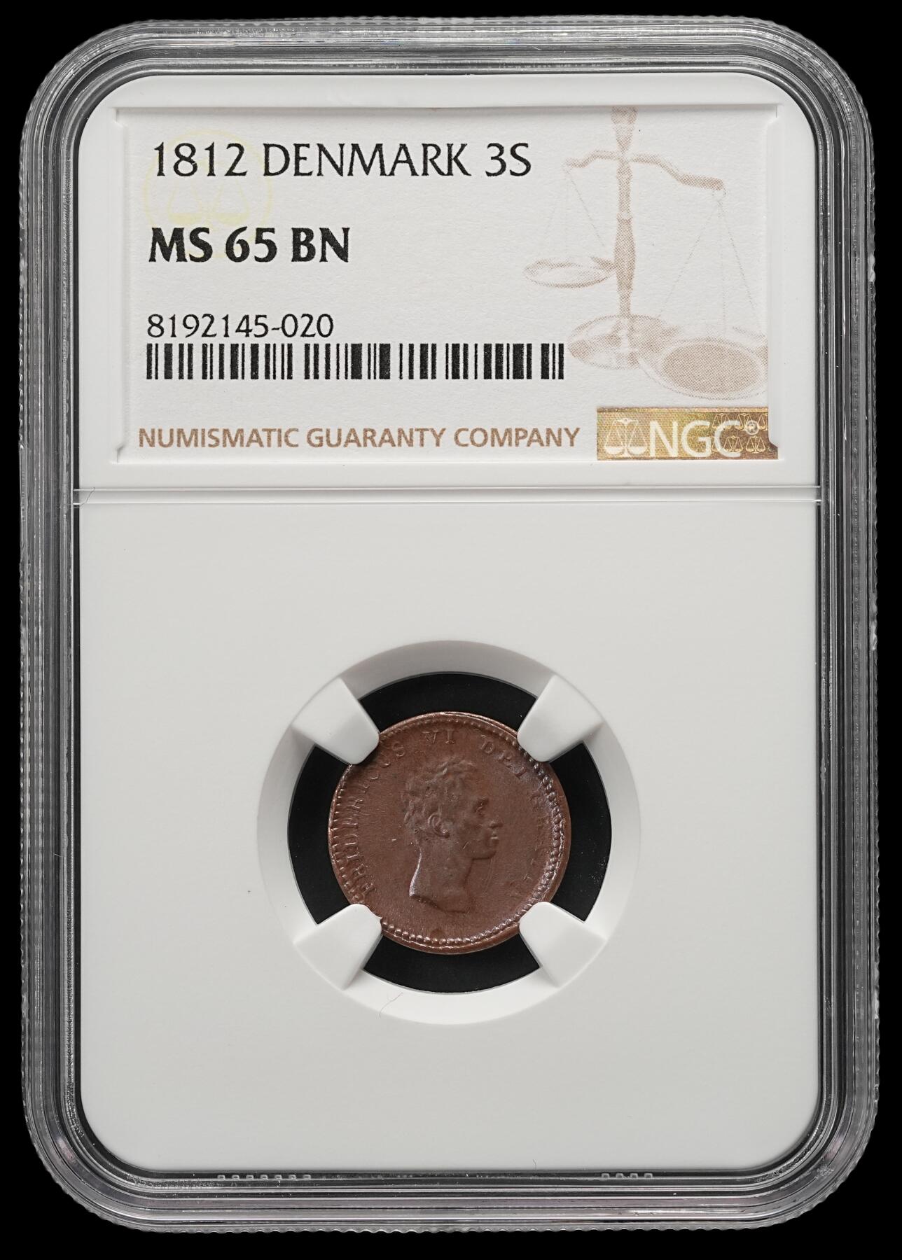 修遠堂世界钱币第五十四期 全场包邮 NGC MS65BN 1812年丹麦3 SKILLING铜币