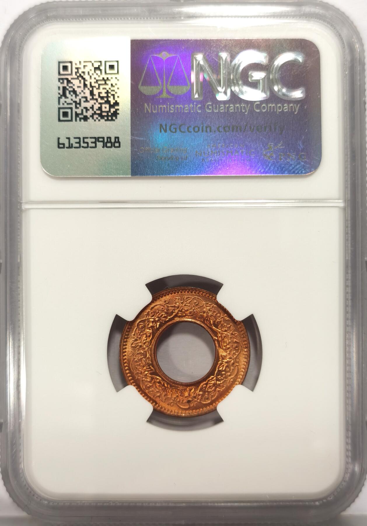 博洋堂世界钱币拍卖第107期（全场包邮） NGC MS67RD 英属印度1944年P版乔治六世1派沙铜币，高冠版，无敌分数