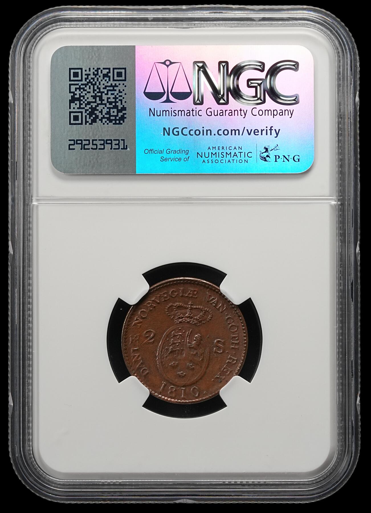 修遠堂世界钱币第五十四期 全场包邮 NGC MS64BN 1810年丹麦2 SKILLING铜币