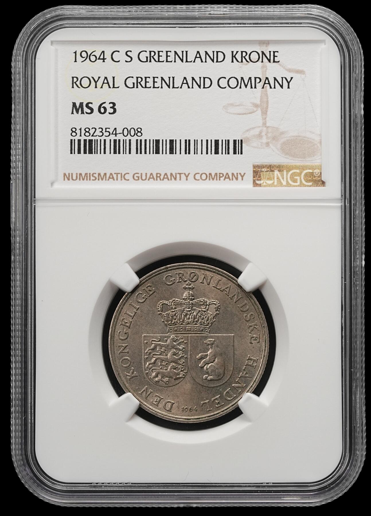 修遠堂世界钱币第五十四期 全场包邮 NGC MS63 1964年皇家格陵兰贸易公司1克朗