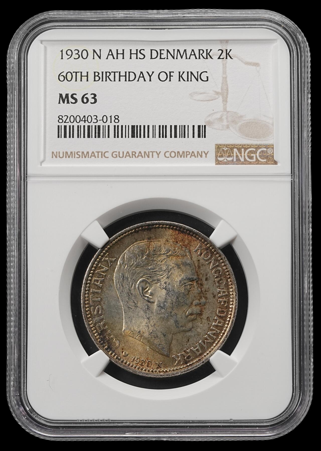 修遠堂世界钱币第五十四期 全场包邮 NGC MS63 1930年丹麦国王60大寿2克朗银币