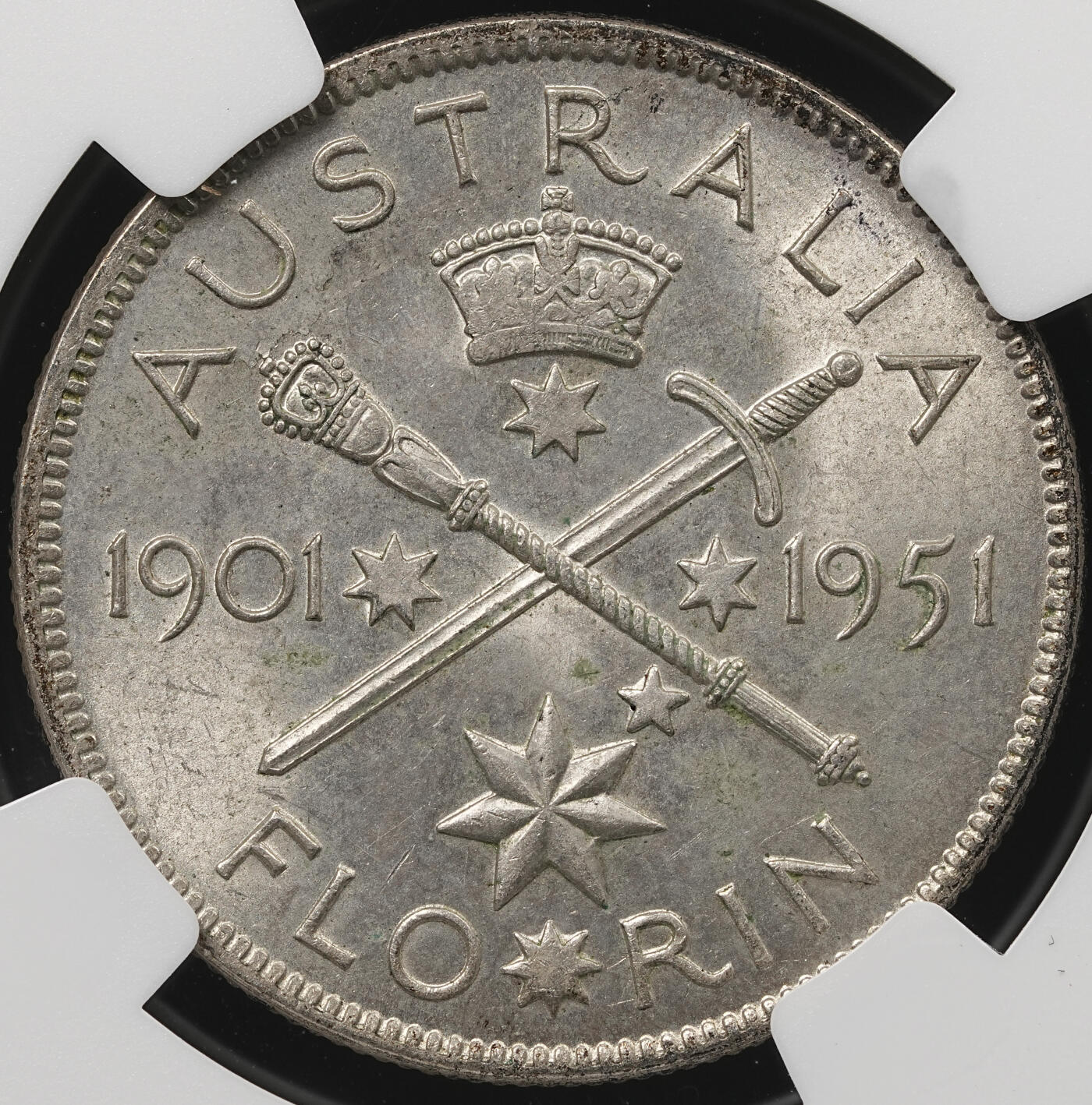 修遠堂世界钱币第五十四期 全场包邮 NGC MS63 1951年澳大利亚联邦50周年纪念1弗罗林银币