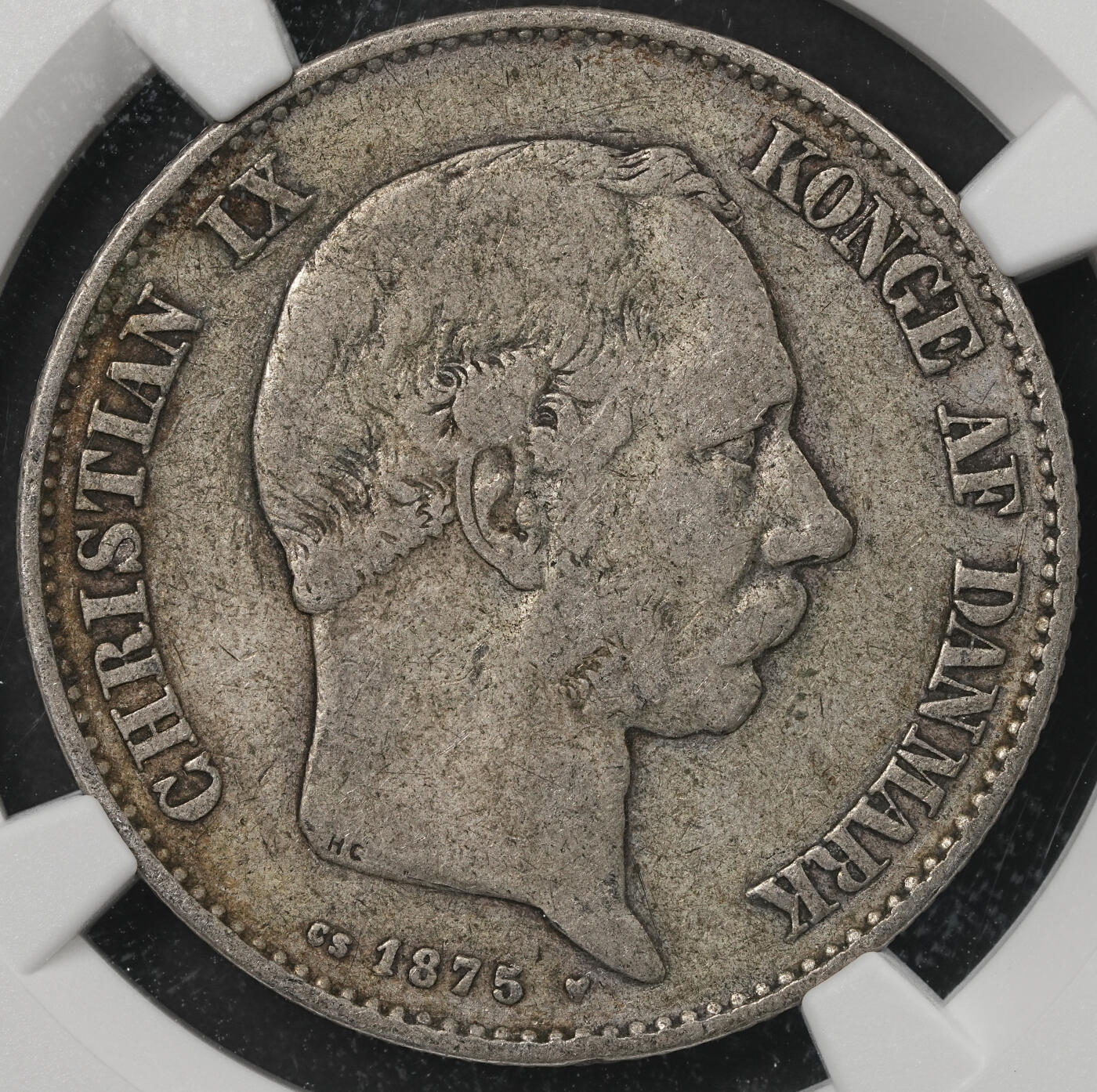 修遠堂世界钱币第五十四期 全场包邮 NGC VF30 1875年丹麦海豚2克朗银币 少见早期流通克朗 有分难得