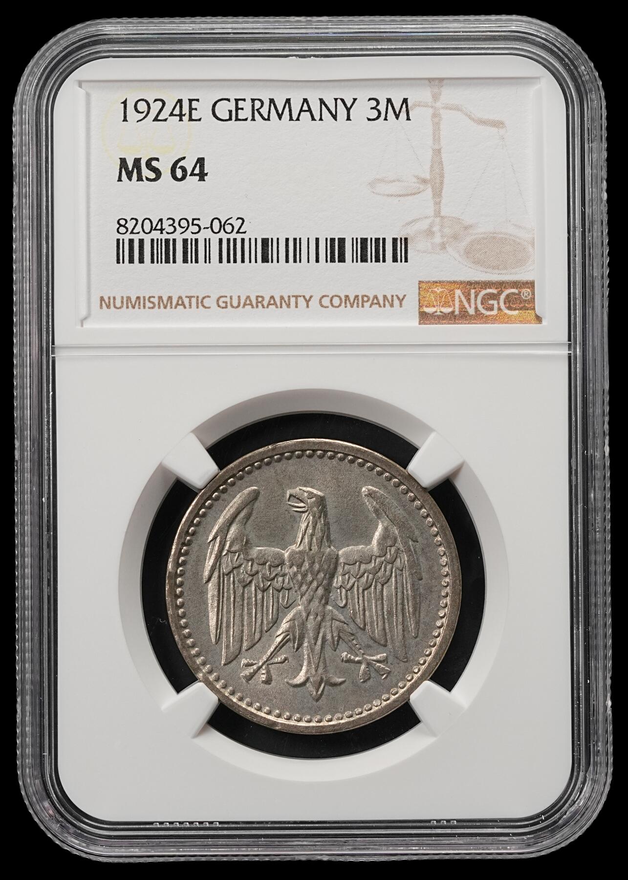 修遠堂世界钱币第五十四期 全场包邮 NGC MS64 1924年魏玛政府3马克银币 E厂铭 少见厂铭 书价MS63-400美金