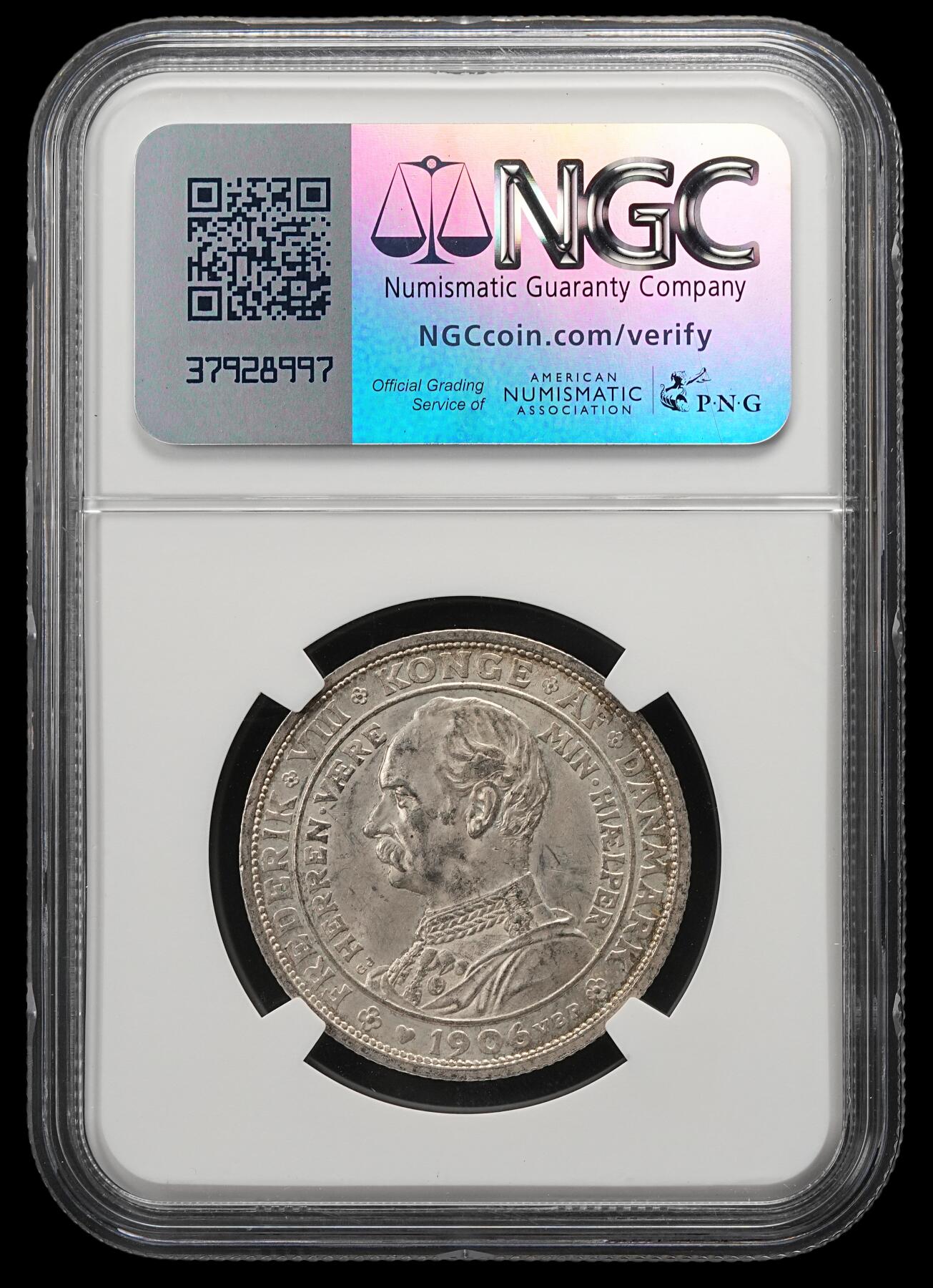 修遠堂世界钱币第五十四期 全场包邮 NGC MS62 1906年丹麦国王更迭纪念2克朗银币