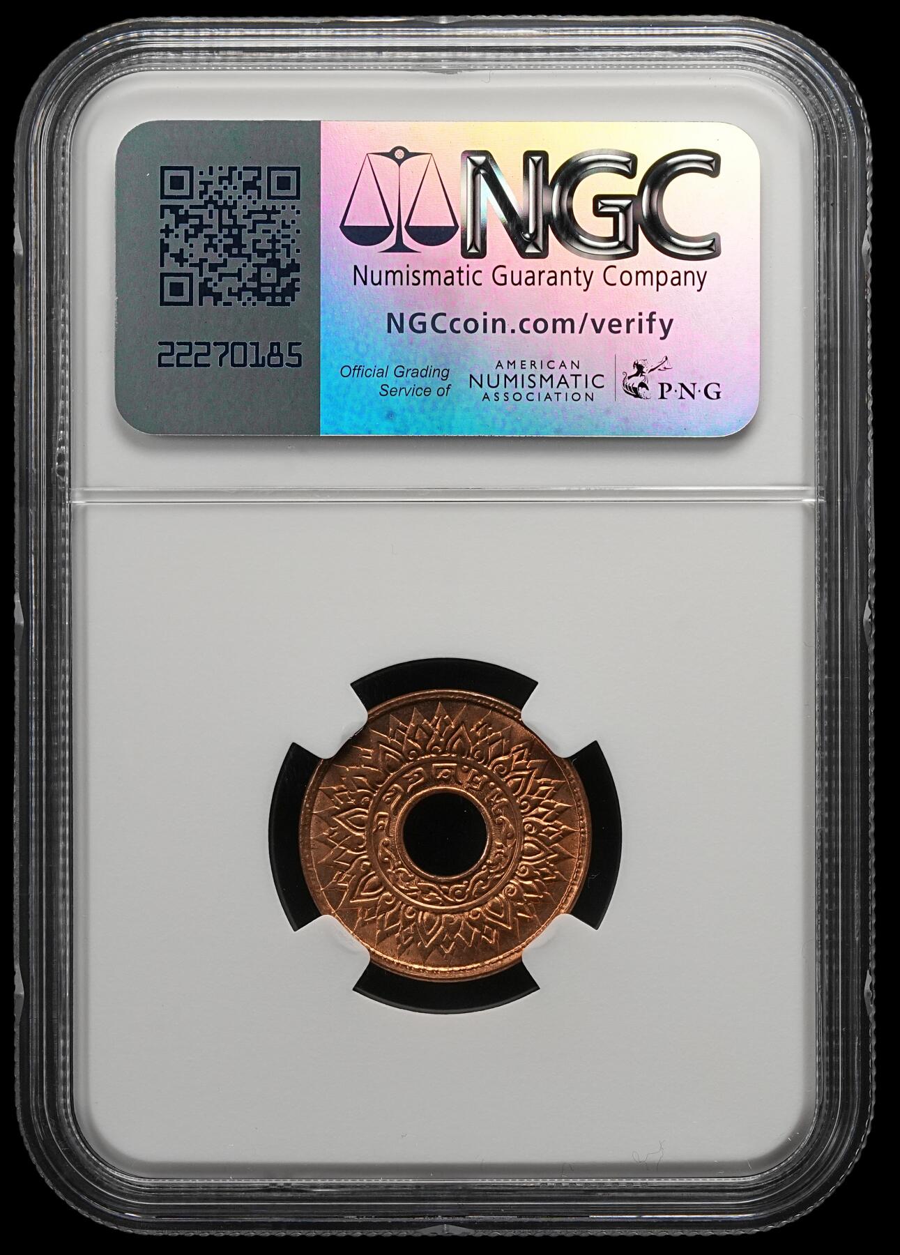 修遠堂世界钱币第五十四期 全场包邮 NGC MS66RB 1941年泰国中孔1萨当铜币
